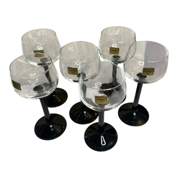 Vintage Luminarc France Black Stem Wine Glasses Set of 6 - Picture 2 of 6